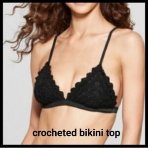 Crochet Black Triangle Crop Swim Top, Festival Bohemian Boho Retro 1970